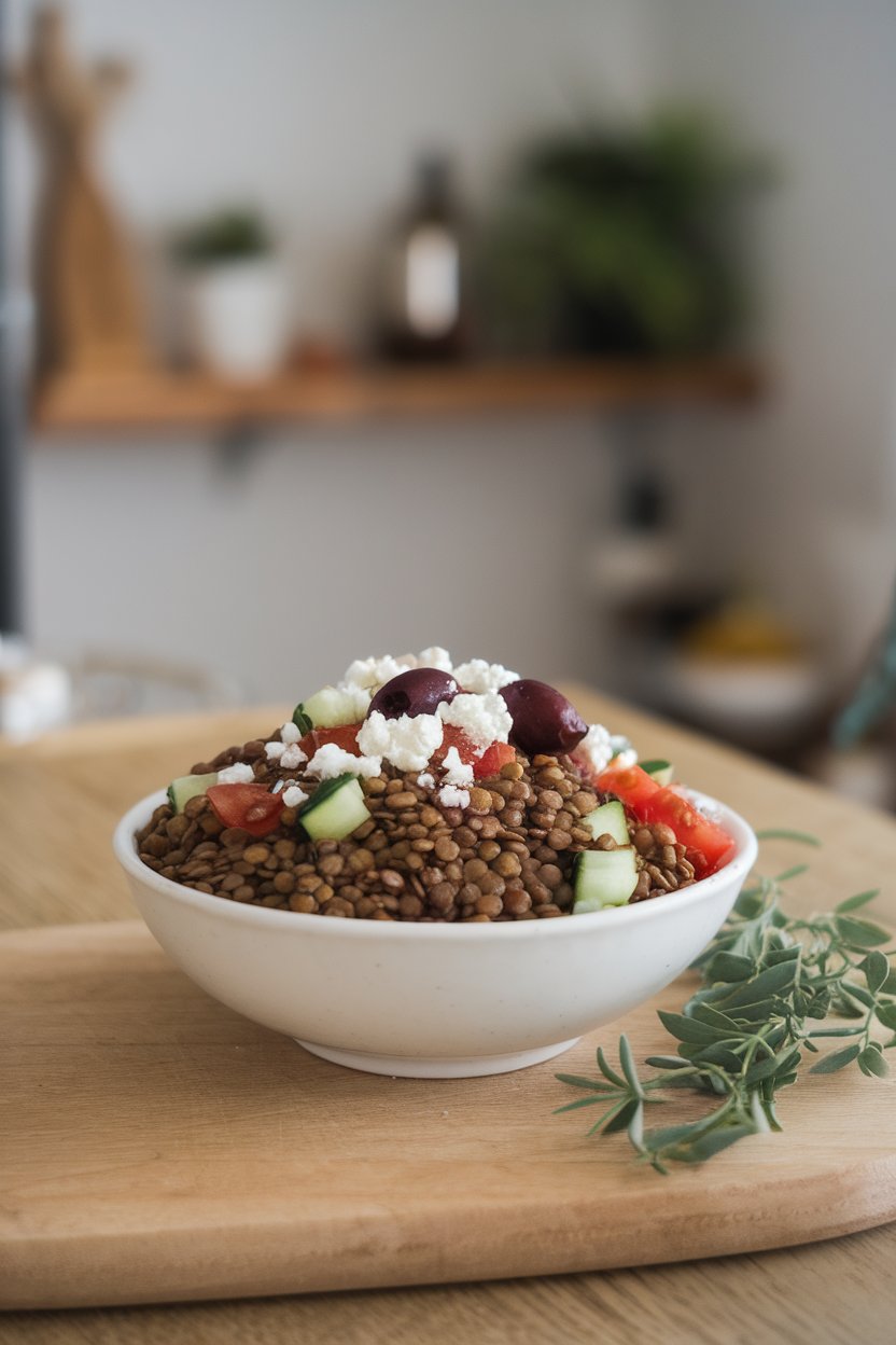 Photo prompt: Indoor dining table with a white bowl of brown lentils, diced cucumber, tomatoes, kalamata olives, and crumbled feta, drizzled with olive oil. No text or logos visible.