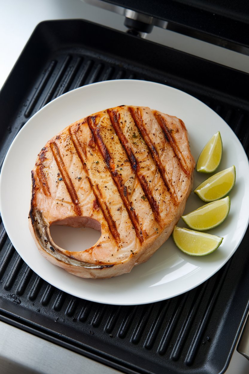 An indoor grill pan with a cooked swordfish steak showing grill marks, lime wedges on the side; no text or branding.