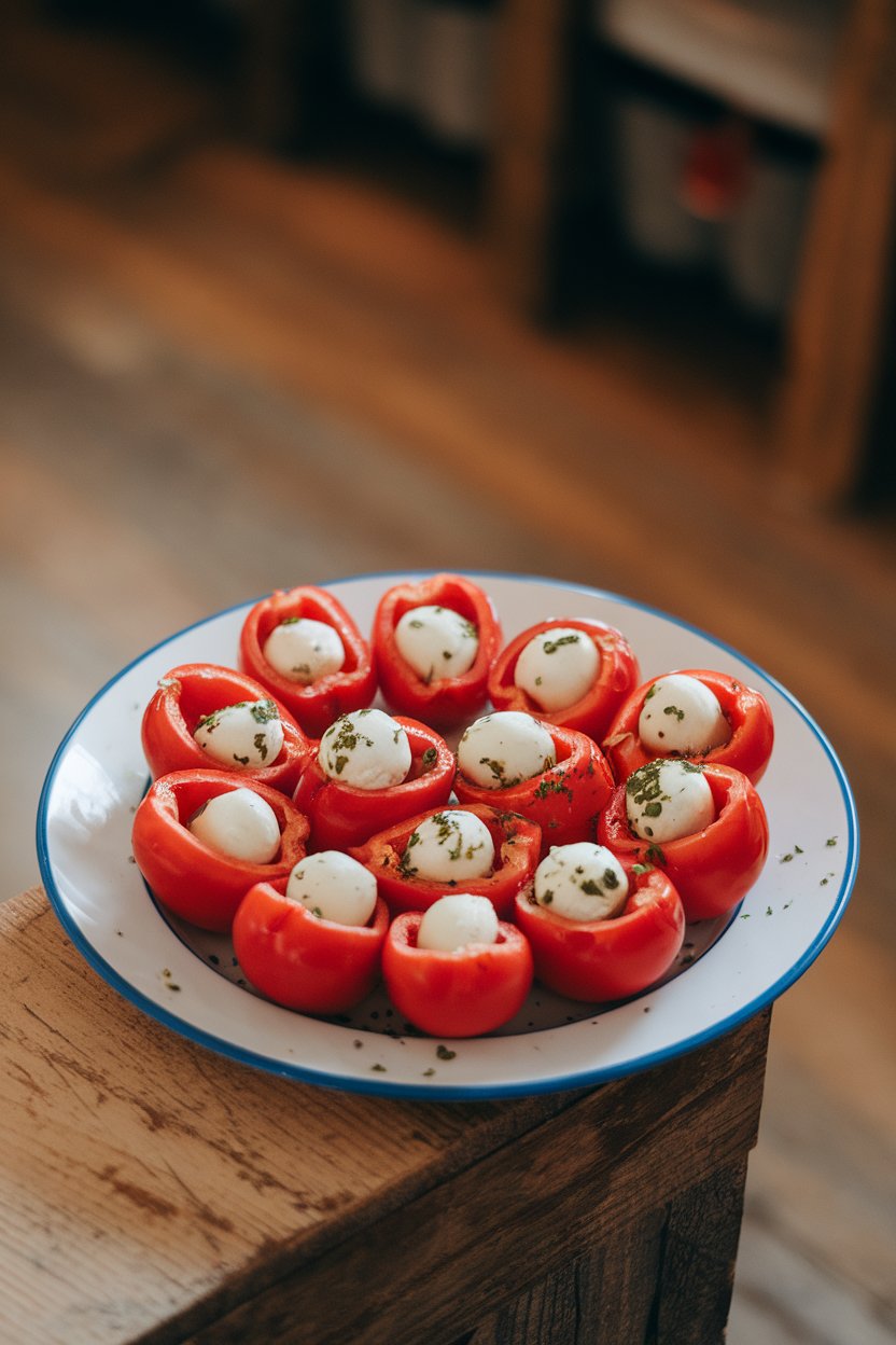 Indoor plate featuring bright red peppadew peppers stuffed with small mozzarella pearls, drizzle of herbs. No text or logos.