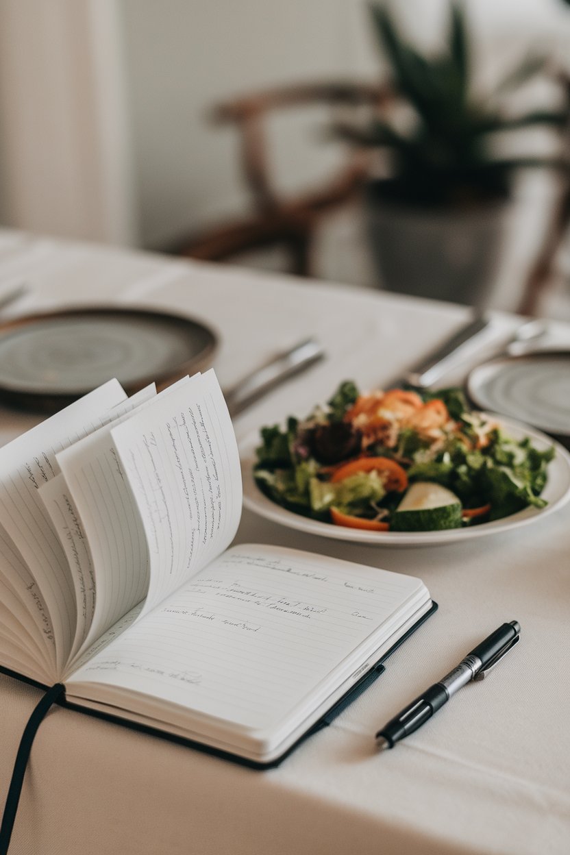 Photo of an open notebook and pen beside a plate of salad on a dining table indoors, no text or logos.