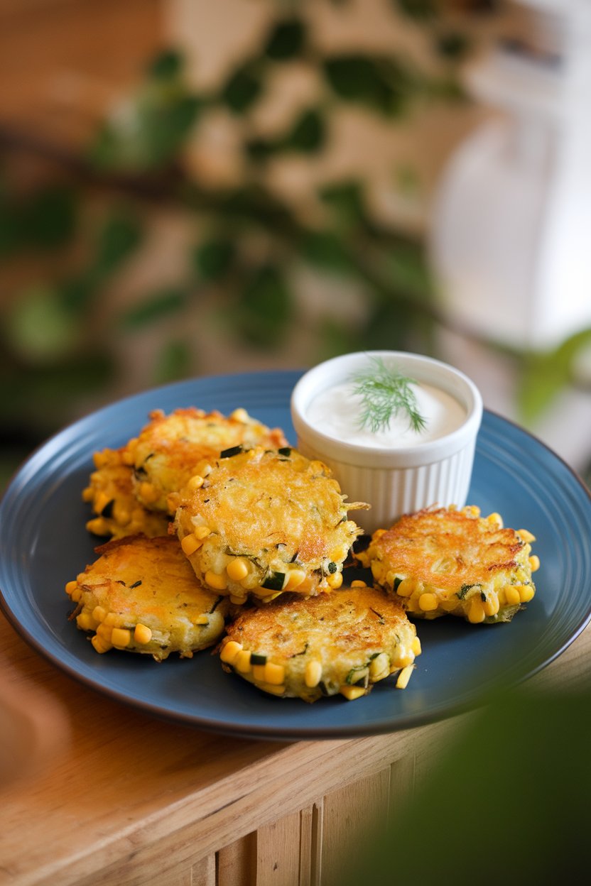 Photo prompt: Indoor plate stacked with golden corn and zucchini fritters, a ramekin of yogurt-dill sauce on the side. No text or logos.