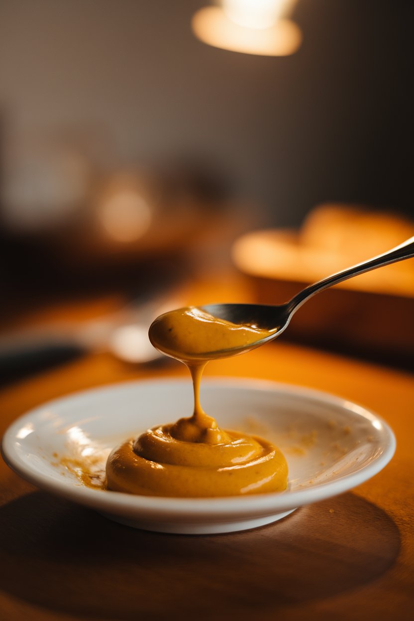 Photo of a spoonful of smooth Dijon mustard on a white saucer indoors, warm spotlight, no text or logos