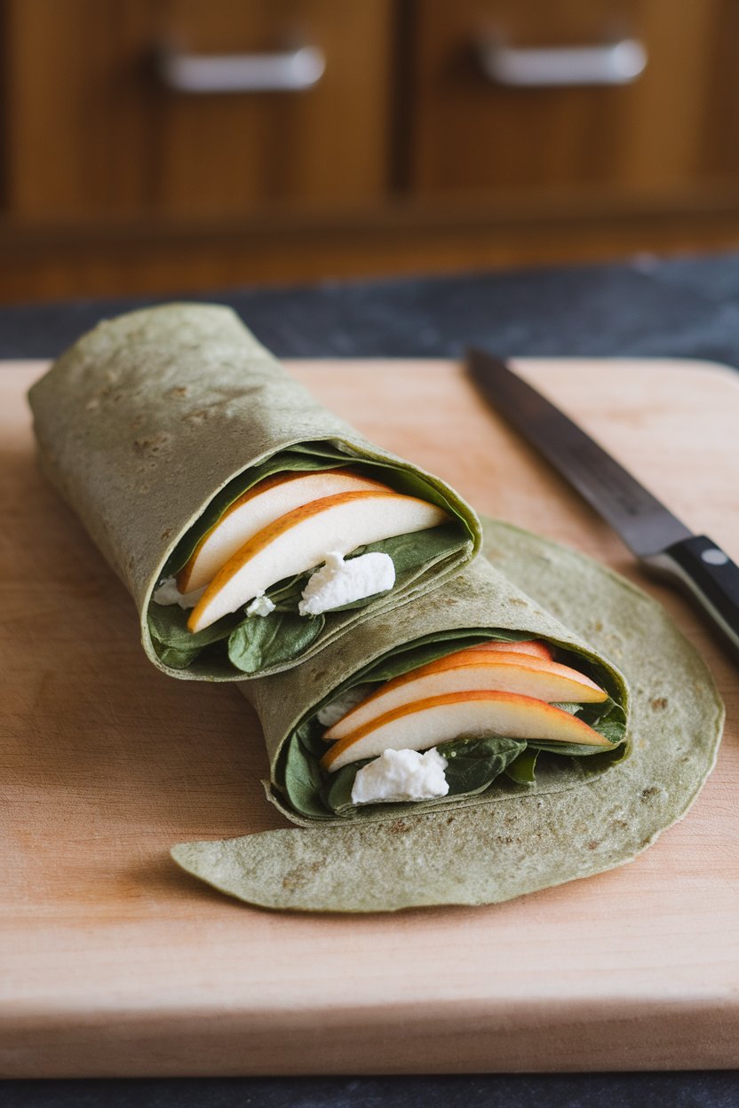 An indoor cutting board showing a sliced spinach tortilla wrap filled with pear slices, goat cheese, and baby spinach. No text or logos.