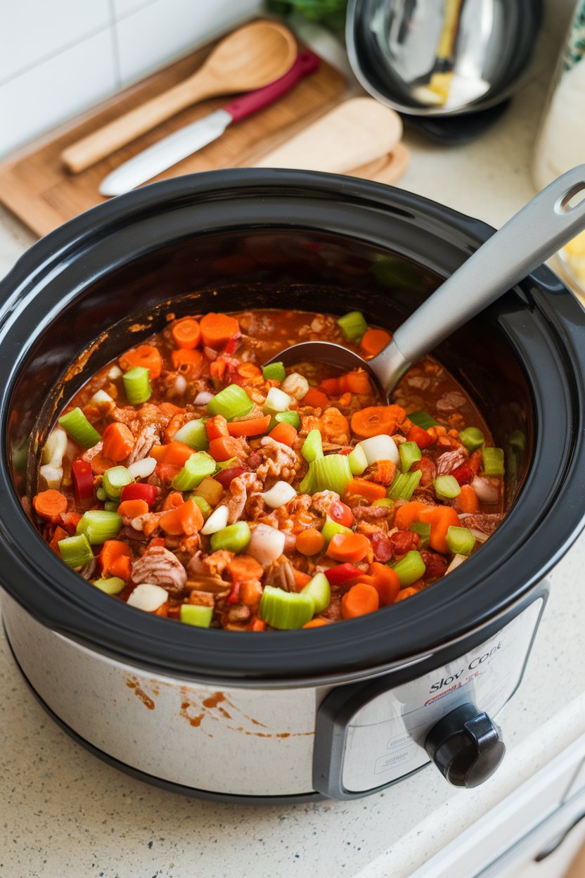 Indoor countertop photo with a slow cooker full of vegetable turkey chili, ladle resting inside, no brand logos visible.