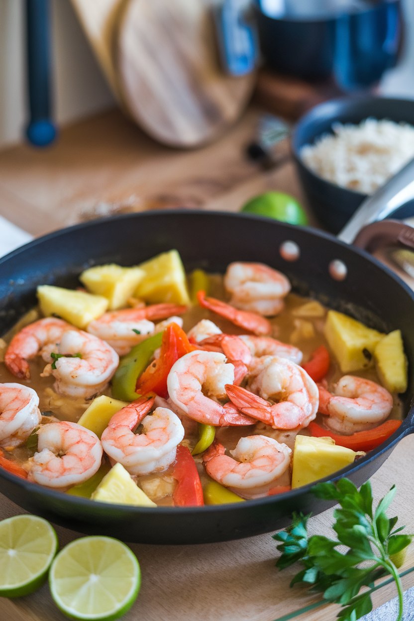 Indoor skillet of cooked shrimp chunks, pineapple, and bell peppers in a light sauce—no text or logos.