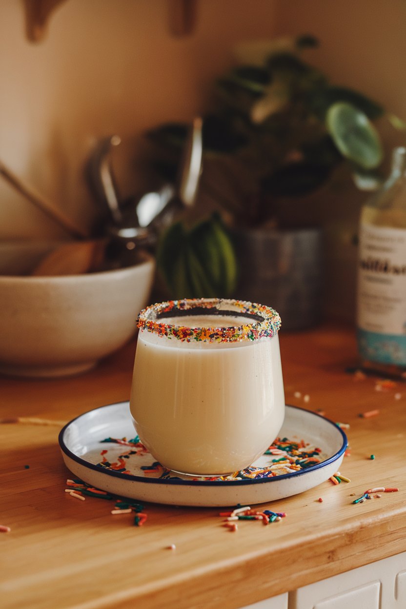 Warm indoor kitchen counter, milk-glass style tumbler of creamy off-white margarita with rainbow sprinkle rim; no text or logos.