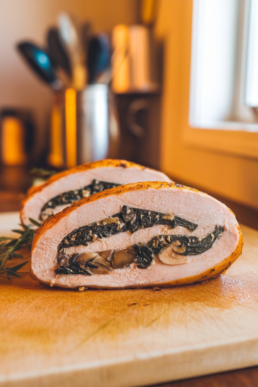 Photo of a sliced stuffed chicken breast on an indoor cutting board, showing a spinach-mushroom filling. No logos or text.