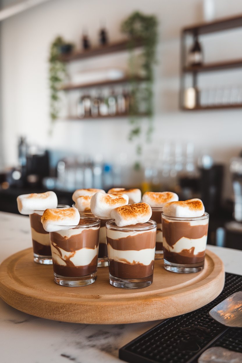 Photo of layered chocolate and cream shots in mini rocks glasses, toasted marshmallow garnish, indoor bar; no text or logos.