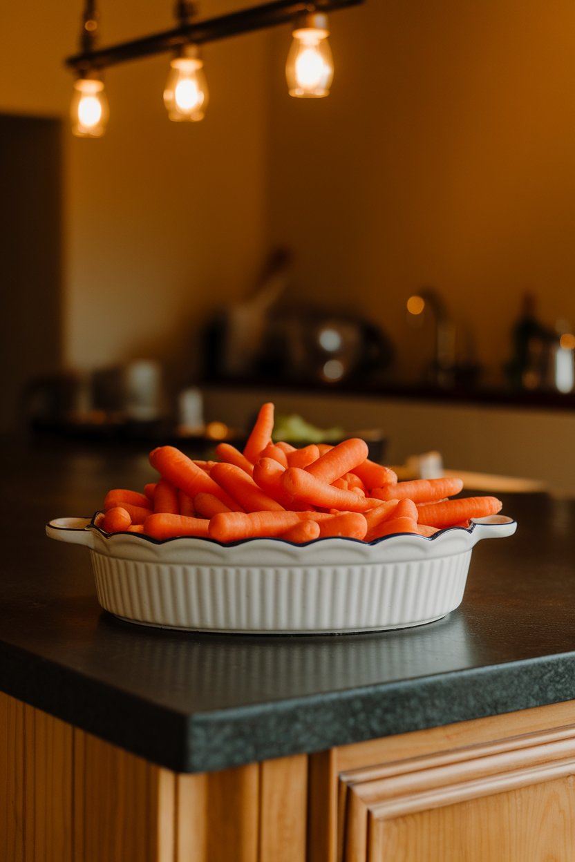 Photo of a white ceramic dish filled with peeled baby carrots on an indoor kitchen island, warm overhead lighting, no text or logos