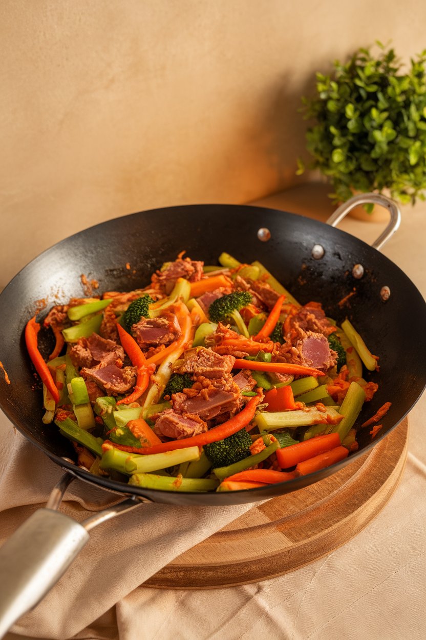 Wok full of mixed vegetables coated in sweet chili sauce with tuna chunks visible, indoor shot, no logos.