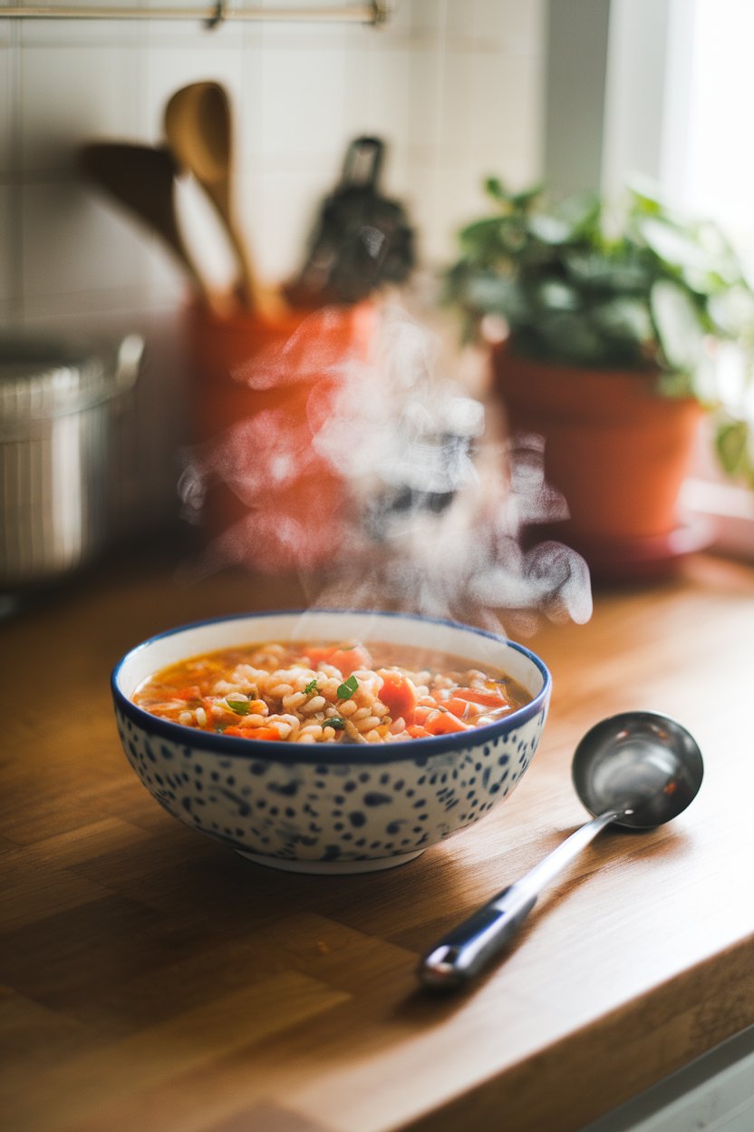 A cozy indoor kitchen counter with a steaming bowl of vegetable barley soup, ladle nearby; no text or logos. Photo.