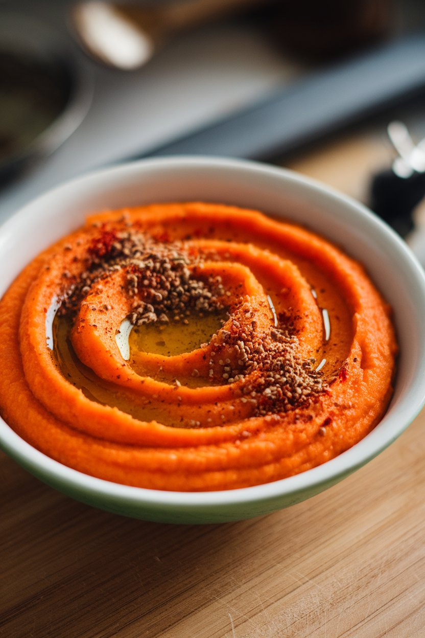 Indoor bowl of smooth carrot purée dusted with cumin and paprika, drizzle of olive oil on top. No text or logos.