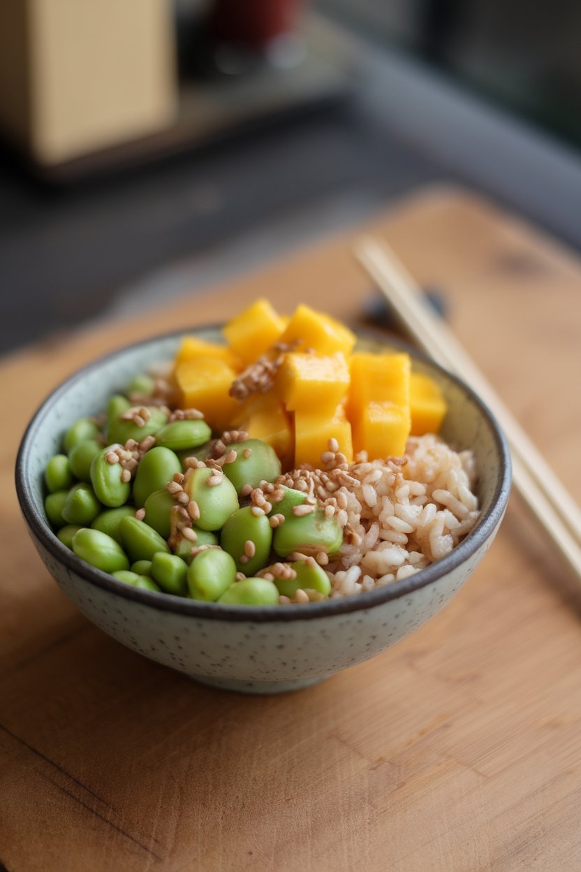 Photo of a bowl with shelled edamame, diced mango, brown rice, and a light sesame drizzle indoors; no text or logos anywhere.