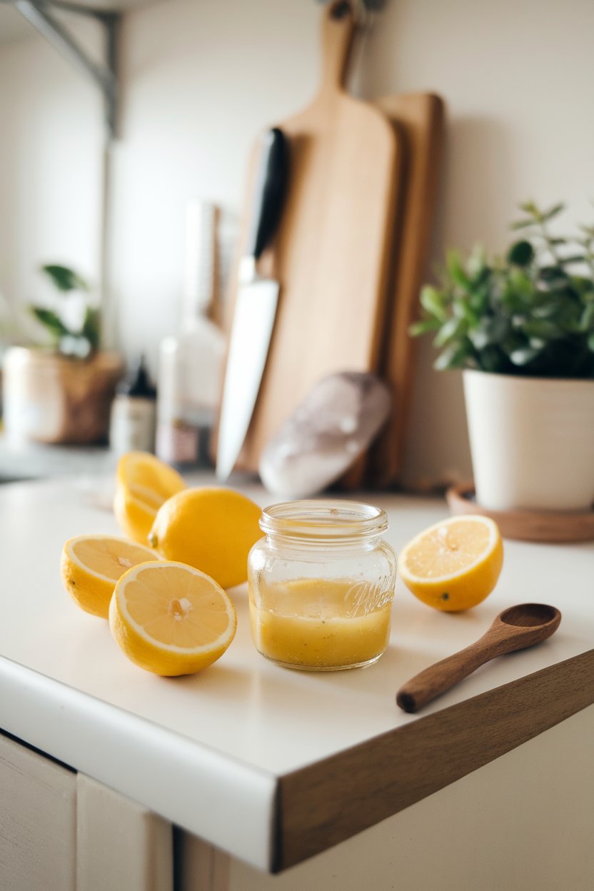 A softly lit indoor kitchen counter featuring a small glass jar of golden lemon vinaigrette beside halved lemons and a wooden spoon. Photo, not illustration. No text or logos.