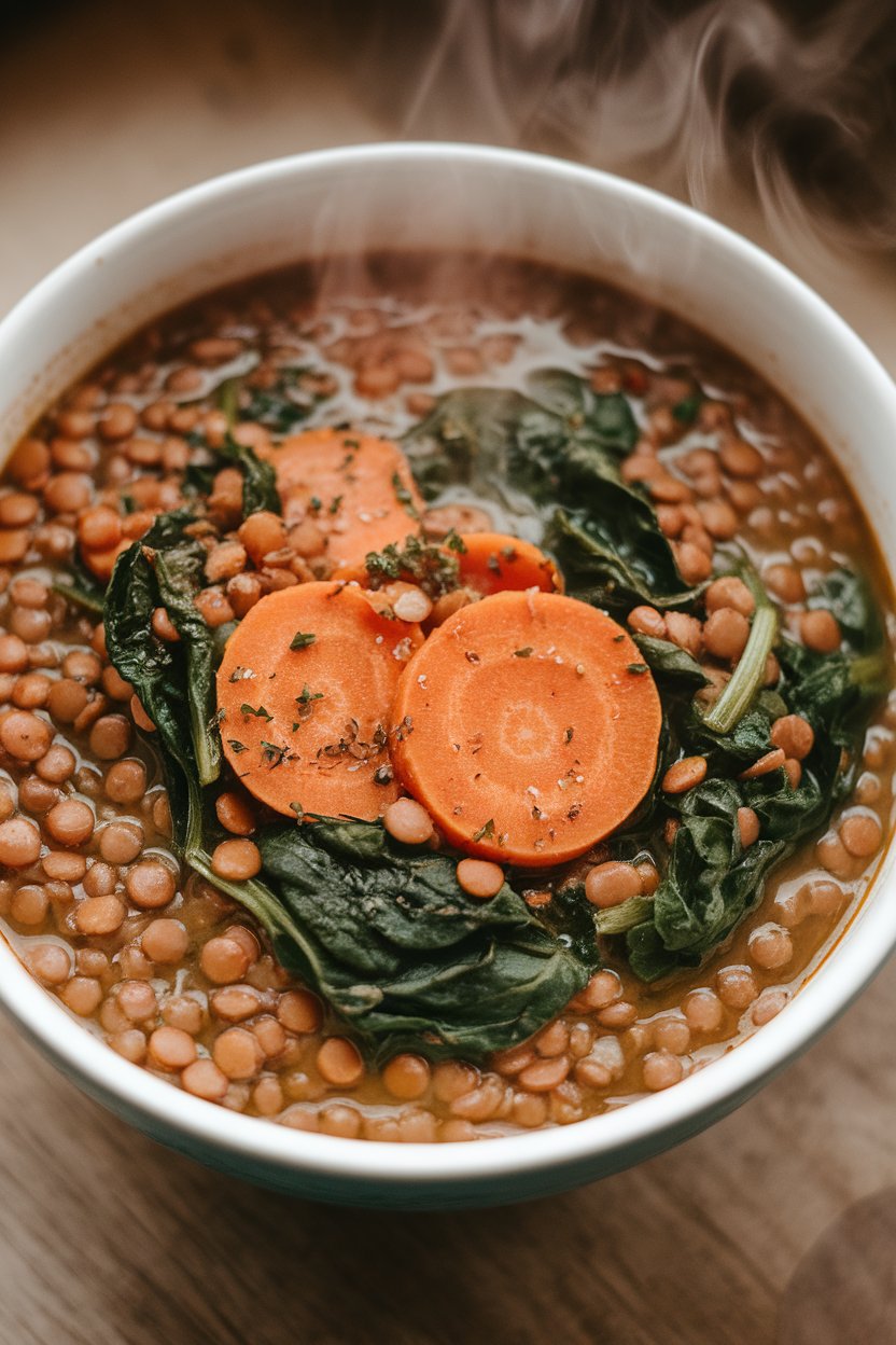 Indoor soup bowl brimming with hearty lentils, carrot rounds, and wilted spinach, steam visible. No text or logos, photo not illustration.