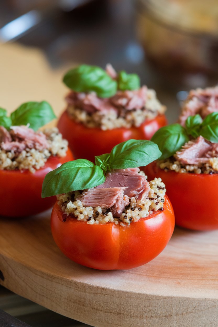 Hollowed tomatoes filled with tuna, quinoa, and fresh basil, photographed on an indoor wooden board, no text or logos.