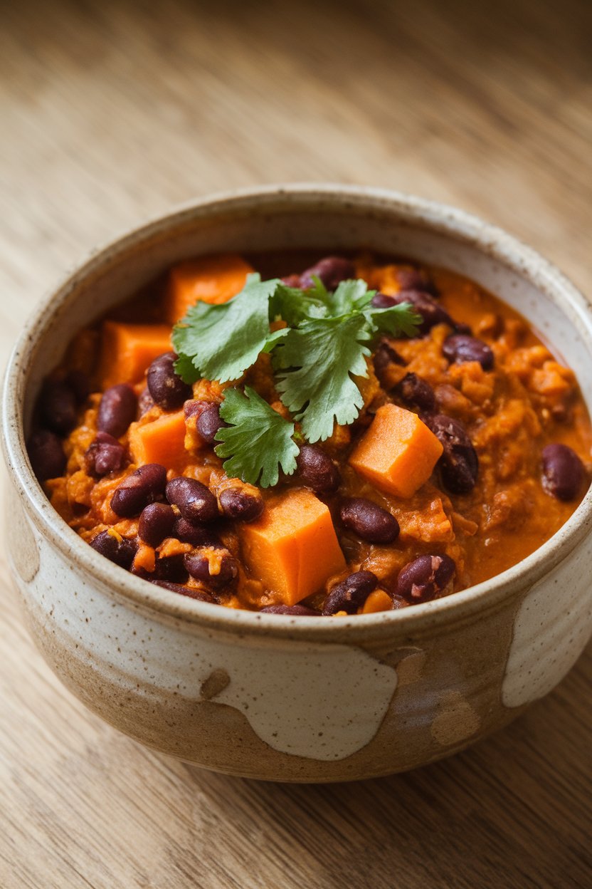 A ceramic bowl indoors of chunky chili featuring orange sweet potato cubes and black beans, cilantro garnish; no text or logos, photo only