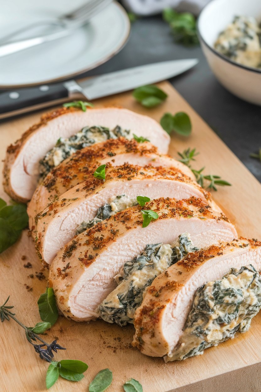 A cutting board indoors displaying sliced chicken breasts stuffed with creamy spinach-artichoke filling, herbs sprinkled on top. No logos or text. Photo.