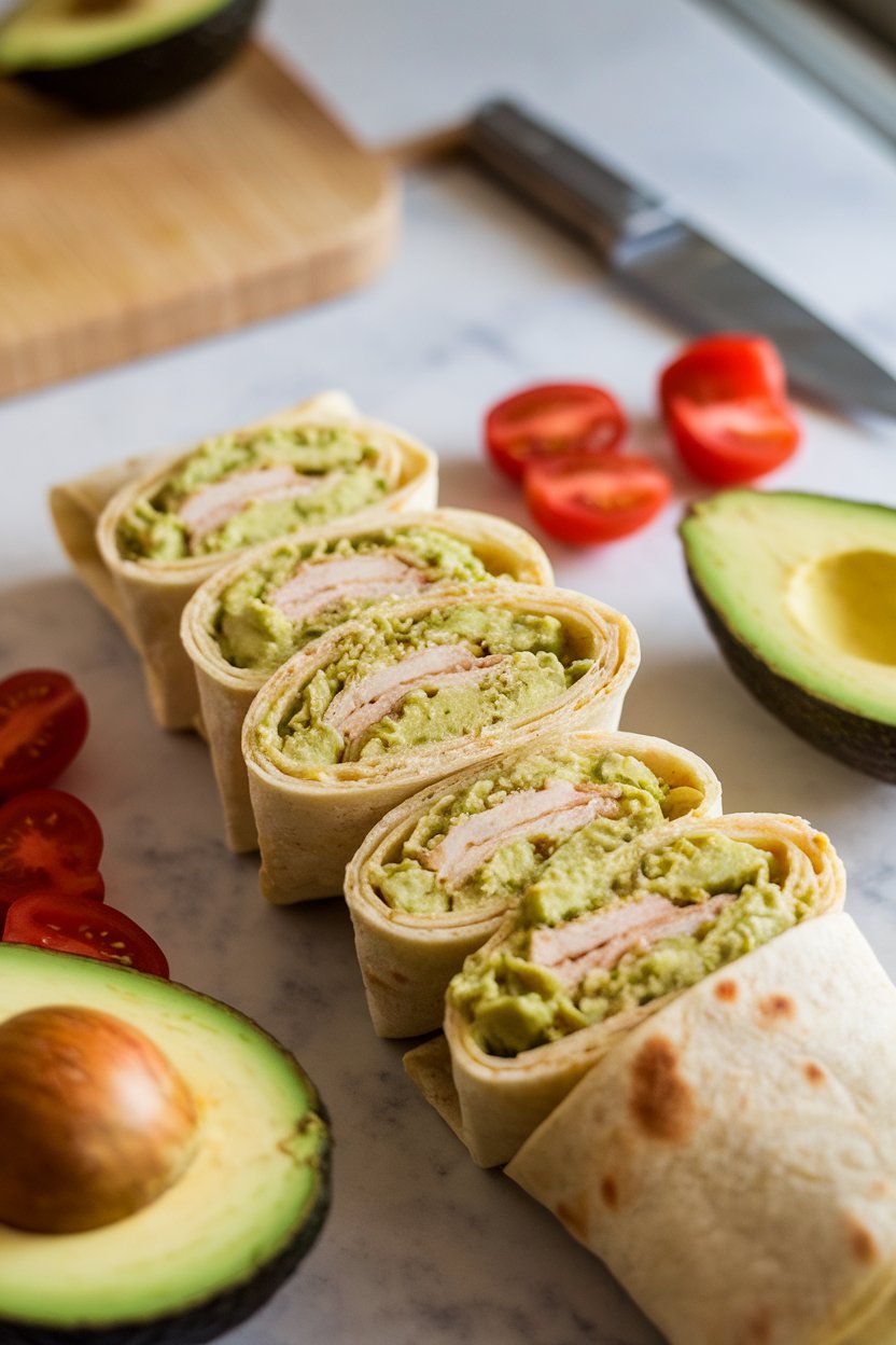 A softly lit indoor countertop with sliced tortilla roll-ups revealing creamy green avocado chicken filling; no text or logos.