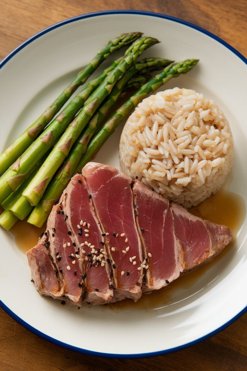 An indoor dinner plate featuring a seared tuna steak brushed with sesame ginger glaze, accompanied by a mound of brown rice and steamed asparagus; no text or logos; photo