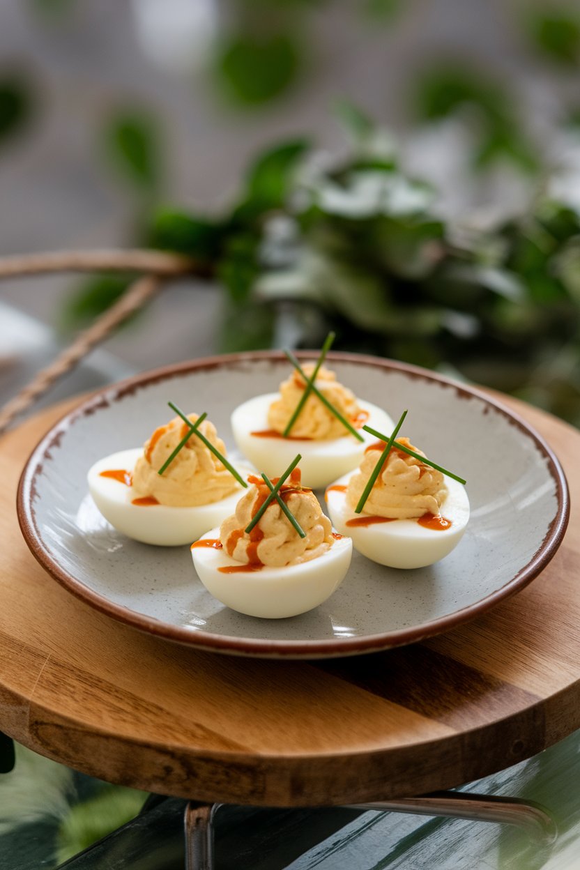 Indoor appetizer plate showing deviled egg halves topped with a small drizzle of sriracha and chives. No text or logos.