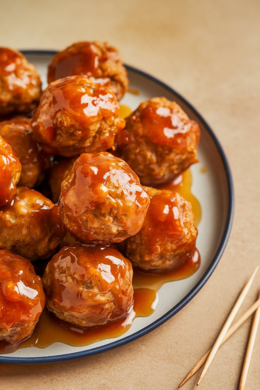 An indoor serving platter with small baked meatballs coated in glossy honey-garlic sauce, toothpicks on the side; no text or logos; photo
