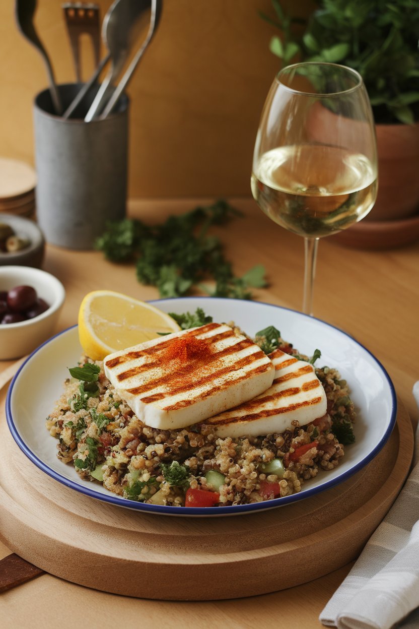 Warm indoor dining scene with seared halloumi slices resting atop quinoa tabbouleh packed with parsley, tomatoes, and cucumbers. Photo, no text or logos.