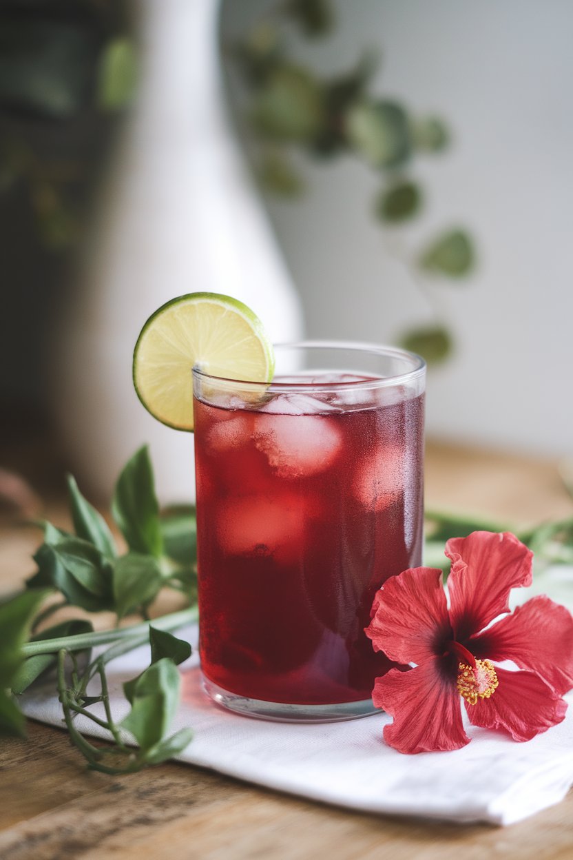 A photo of a clear tumbler indoors, filled with ruby-red iced hibiscus tea and a lime wheel; no text or logos.