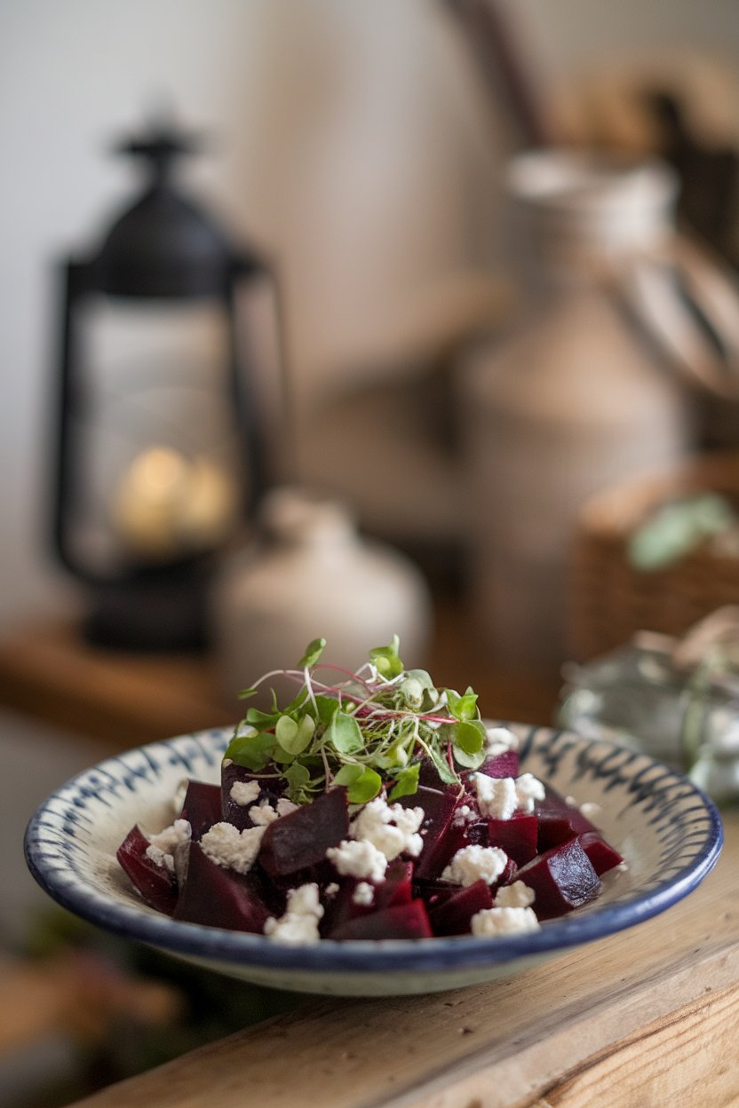 A photo of a ceramic salad plate indoors holding diced cooked beets, crumbled goat cheese, and microgreens, lightly dressed. No logos or text.