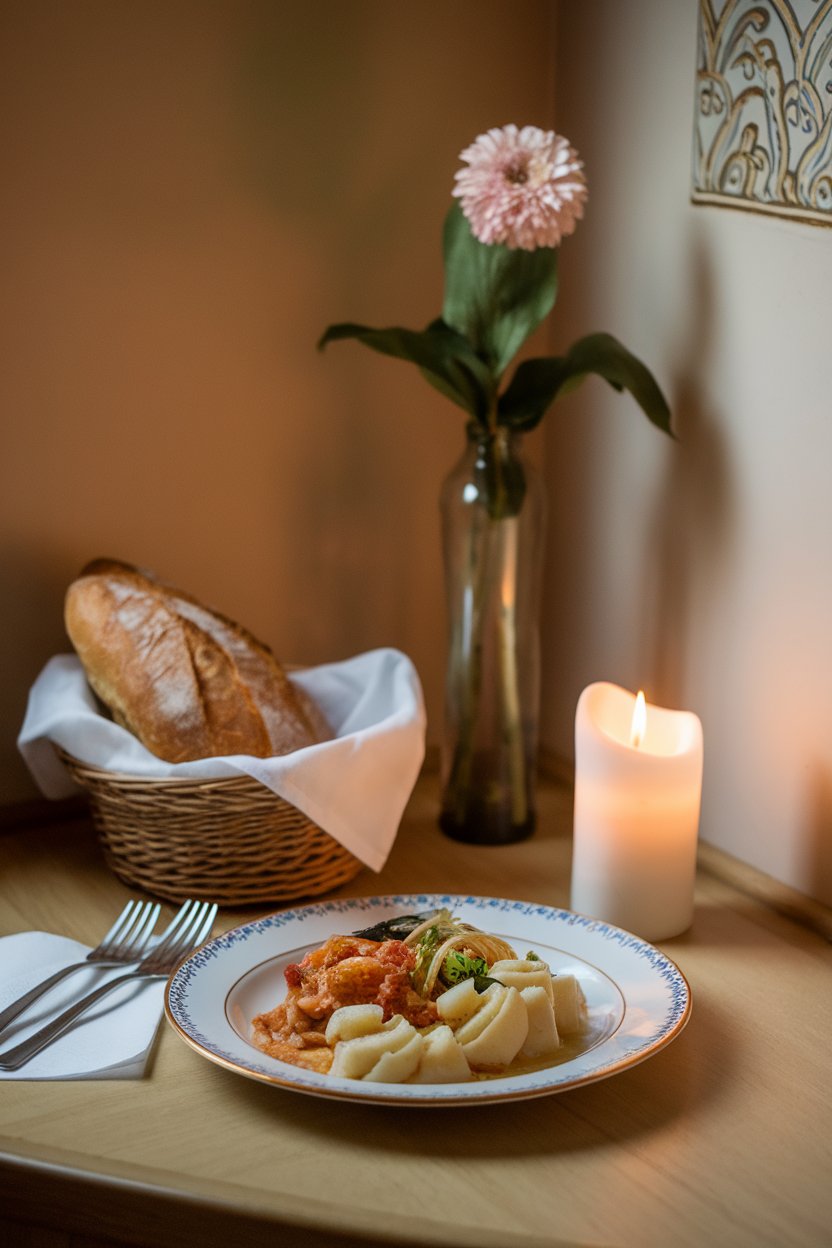 A cozy indoor dining nook with a single plate of food, a lit candle, and no electronic devices visible, no text or logos, photo only