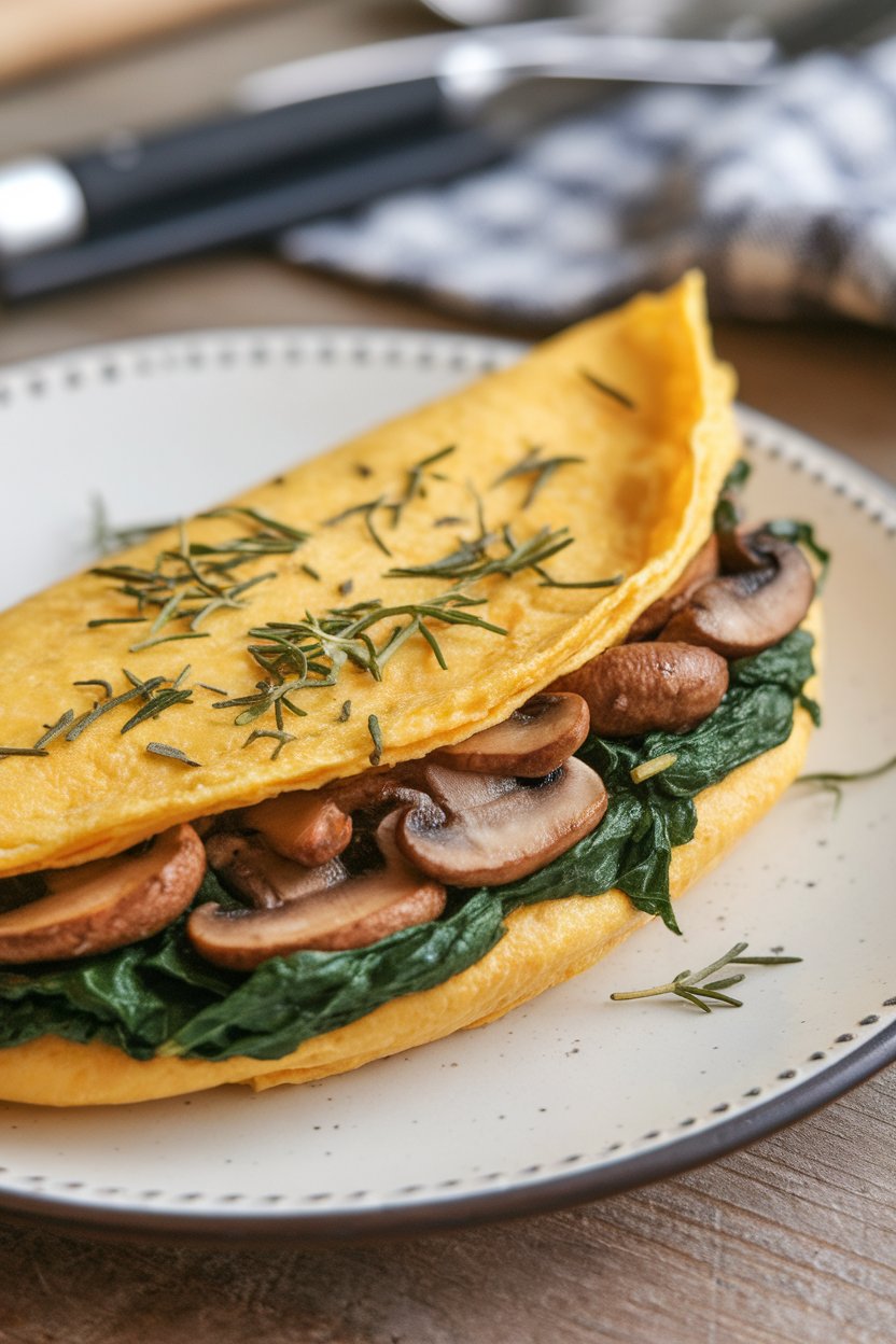 Indoor photo of a folded omelet filled with sautéed mushrooms and wilted spinach, sprinkled with herbs, no text or logos.