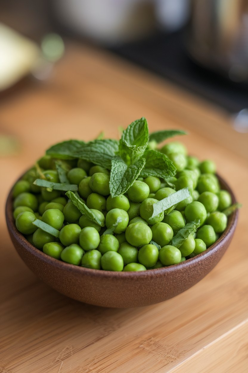 Small indoor serving bowl of vibrant green peas tossed with shredded fresh mint. No text or logos.