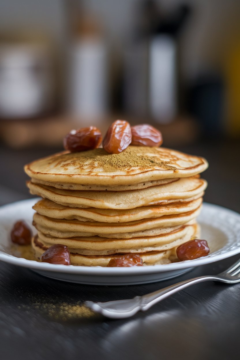 Indoor plate with pancakes dotted with chopped dates, pinch of cardamom powder on top; photo only.