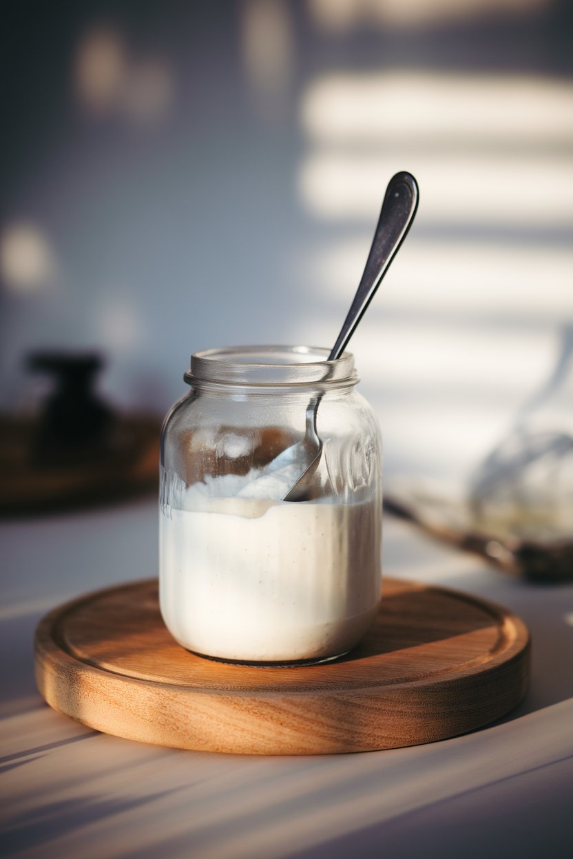 Photo of a glass jar of thick plain Greek yogurt with a spoon standing upright, indoor setting, no text or logos