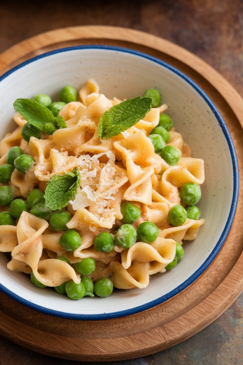 An indoor bowl with ditalini pasta, fresh green peas, and torn mint leaves; no text or logos.