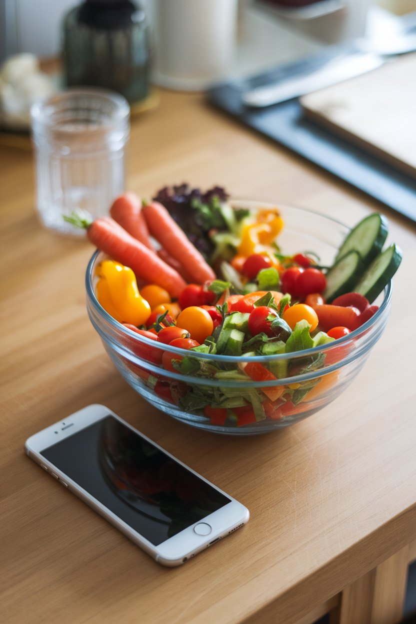 An indoor dining table with a turned-off phone face down next to a vibrant salad bowl, no visible logos.