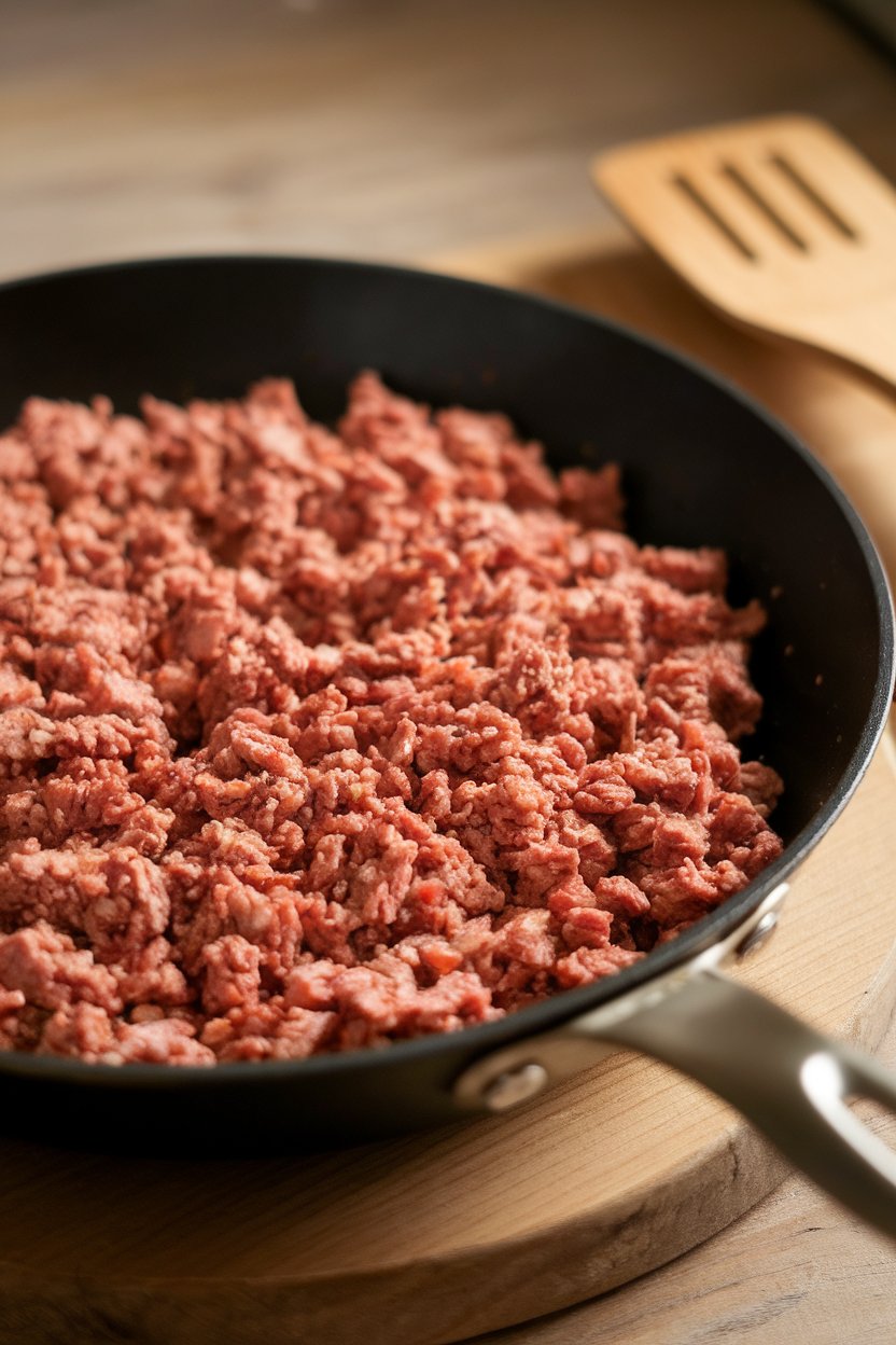 Photo of cooked ground turkey crumbles in a nonstick skillet indoors, softly lit, no text or logos
