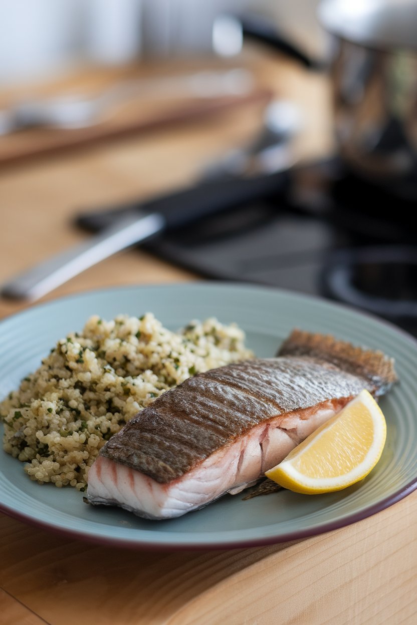 Indoor photo of a plate featuring seared trout fillet with crispy skin beside herbed quinoa pilaf, lemon wedge, no text or logos.