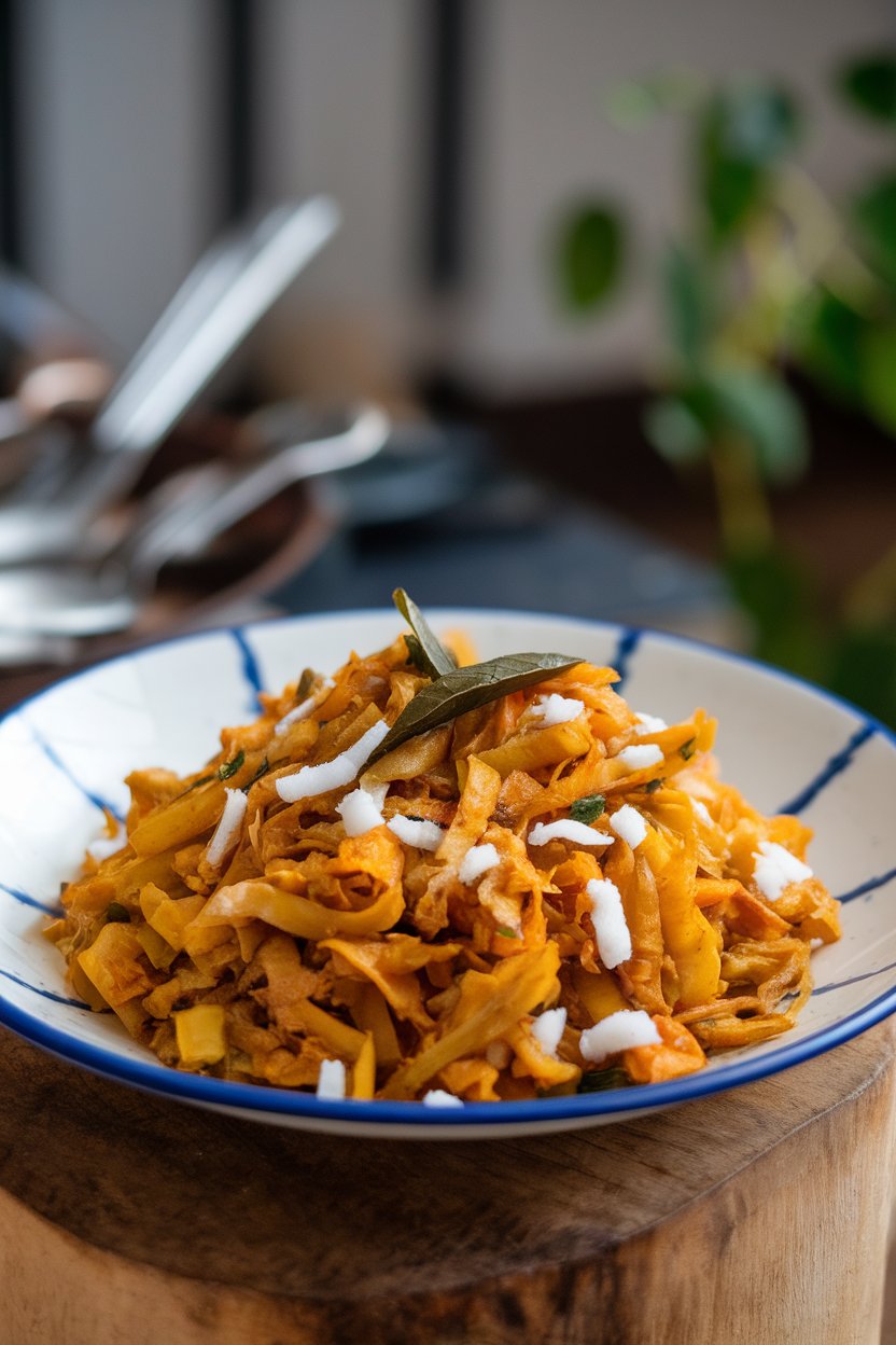 An indoor side-dish plate of finely chopped banana flower stir-fry with coconut, curry leaves visible. No text or logos. Photo, not illustration.