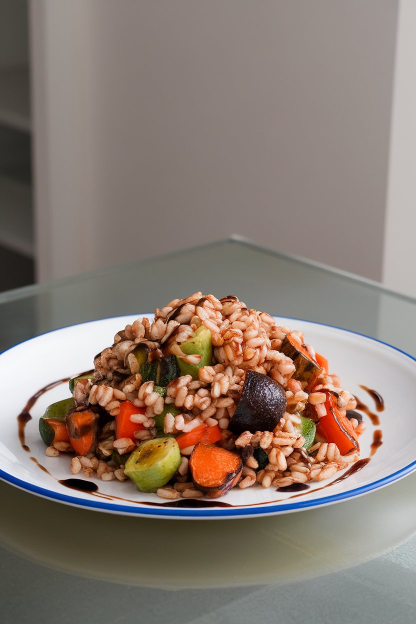 An indoor dining plate showcasing a farro and roasted vegetable salad drizzled with balsamic; no text or logos. Photo.