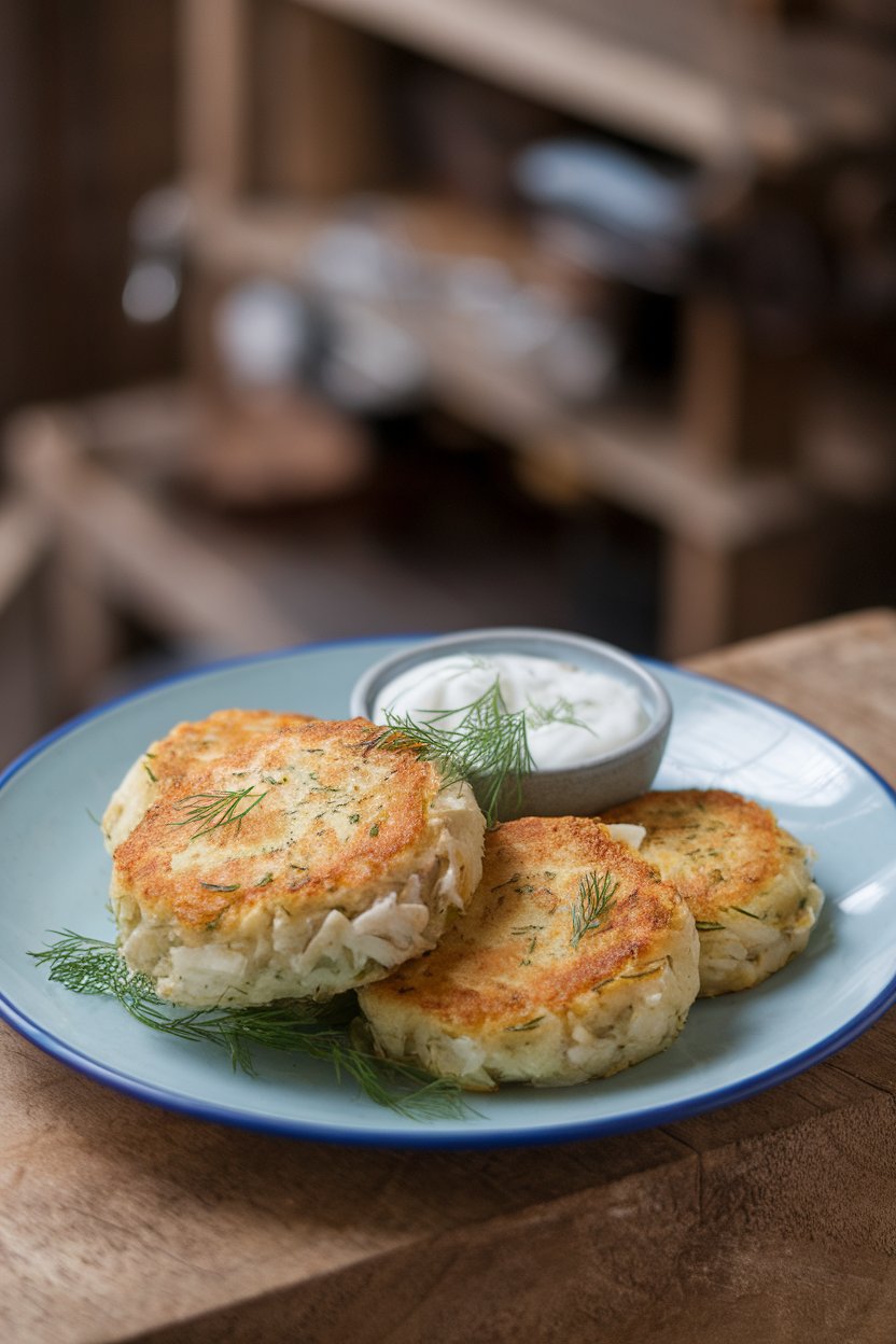 An indoor plate with golden baked fish cakes made from cod, flecked with dill, and served with a small bowl of yogurt sauce. No branding visible.