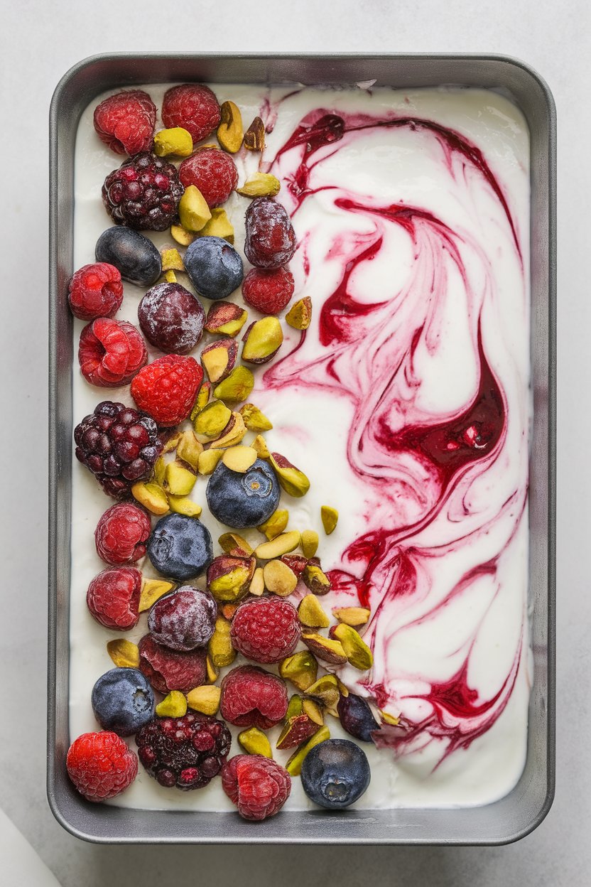 Indoor freezer tray lined with swirled yogurt studded with berry pieces and crushed pistachios, partially broken into shards. No text or logos; photo.