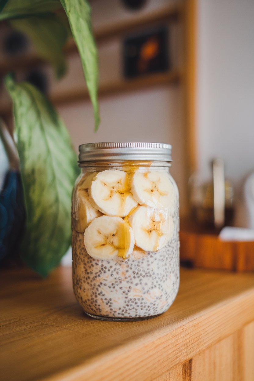 Photo of a mason jar on an indoor breakfast nook, filled with soaked oats, chia seeds, banana slices, and a drizzle of honey, no text or logos