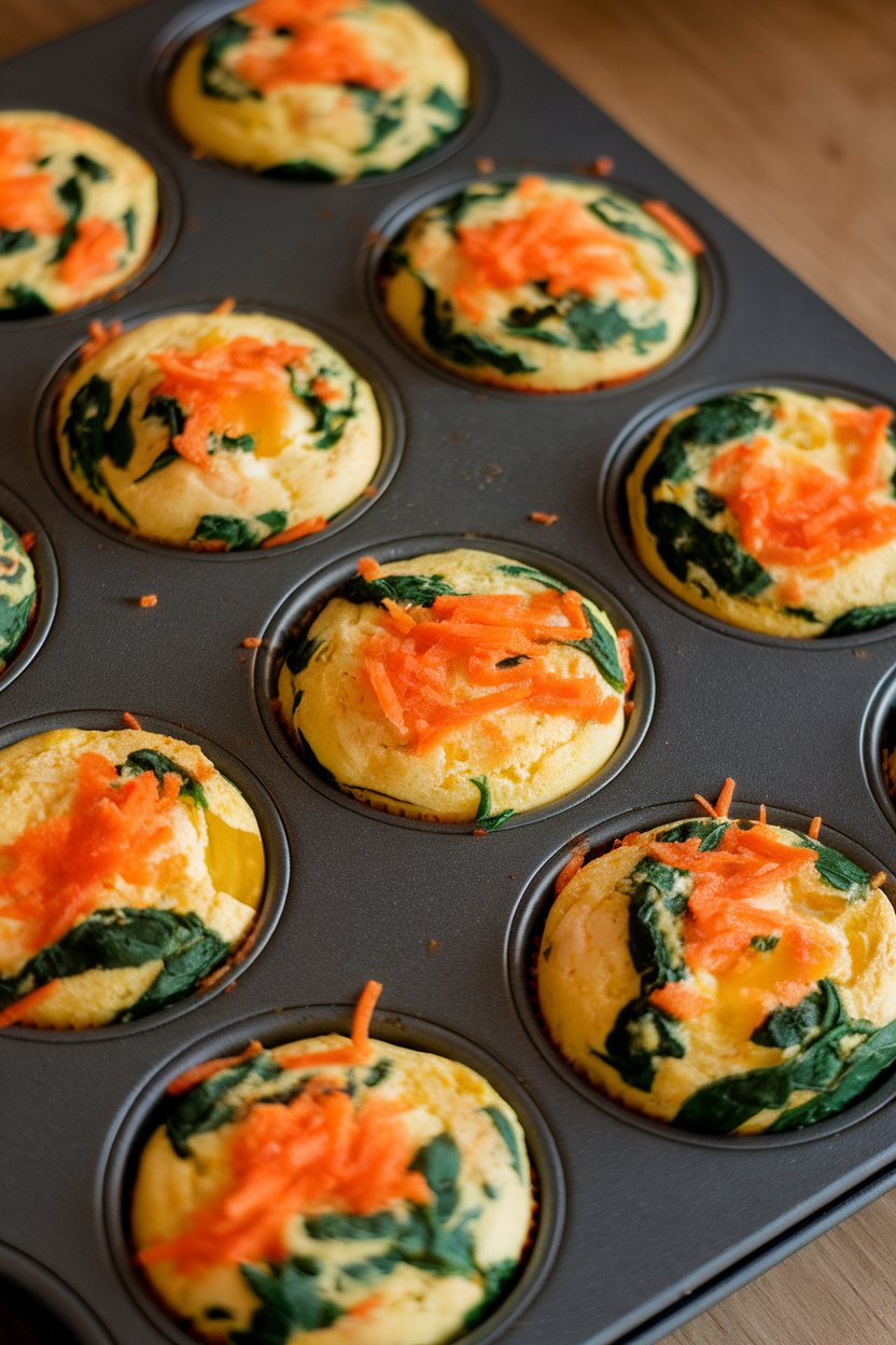 Indoor photo of a muffin tin filled with colorful egg muffins dotted with spinach, bell pepper, and grated carrot; warm kitchen light, no text or logos