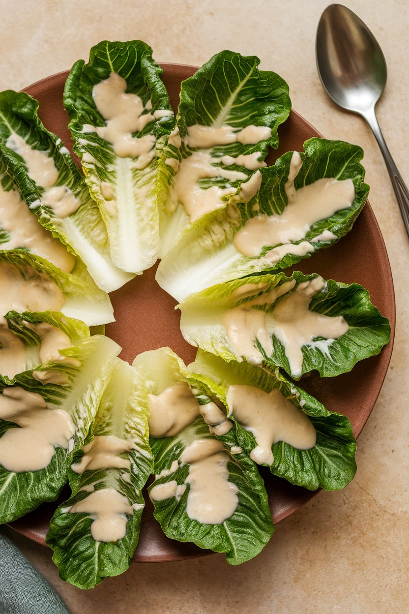 Indoor photo of small romaine leaves drizzled with creamy tahini dressing on a platter. No text or logos; photograph.