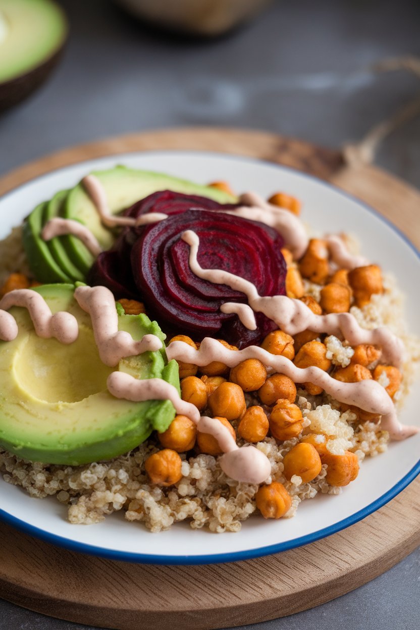 An indoor plate with quinoa, roasted chickpeas, avocado slices, beet spirals, and a drizzle of creamy tahini dressing. No logos or text.