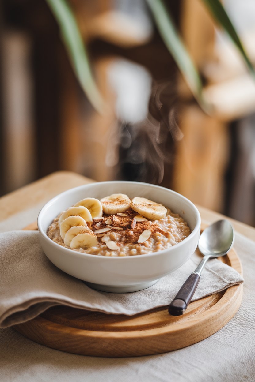 Photo — A steaming indoor bowl of oatmeal topped with sliced almonds, banana coins, and cinnamon. No logos or text visible.