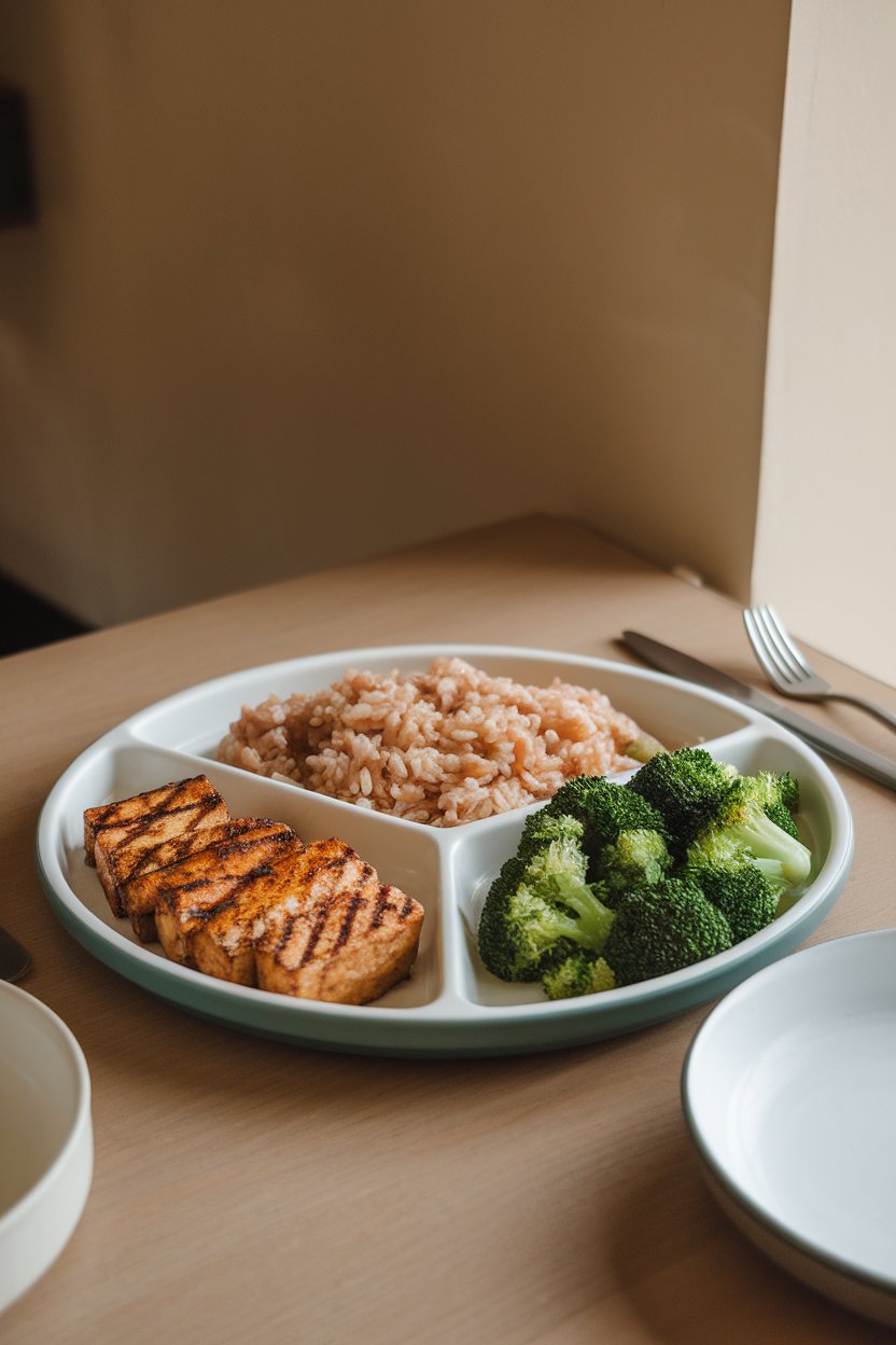 Photo of an indoor dining table showing a divided plate illustrating balanced portions of grilled tofu, brown rice, and steamed broccoli. No text or logos present.