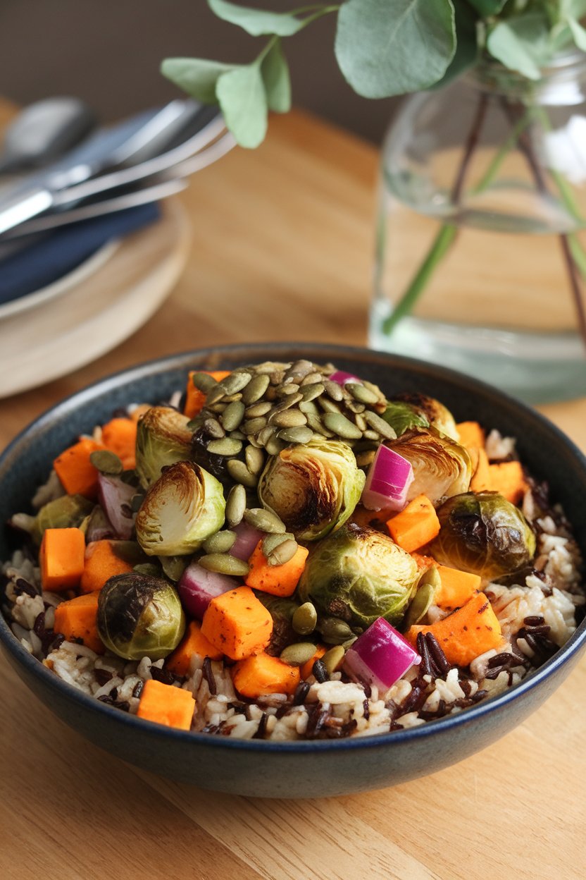 Indoor photo of a deep bowl featuring roasted Brussels sprouts, sweet potato cubes, and red onion over wild rice, sprinkled with pumpkin seeds. No text or logos.