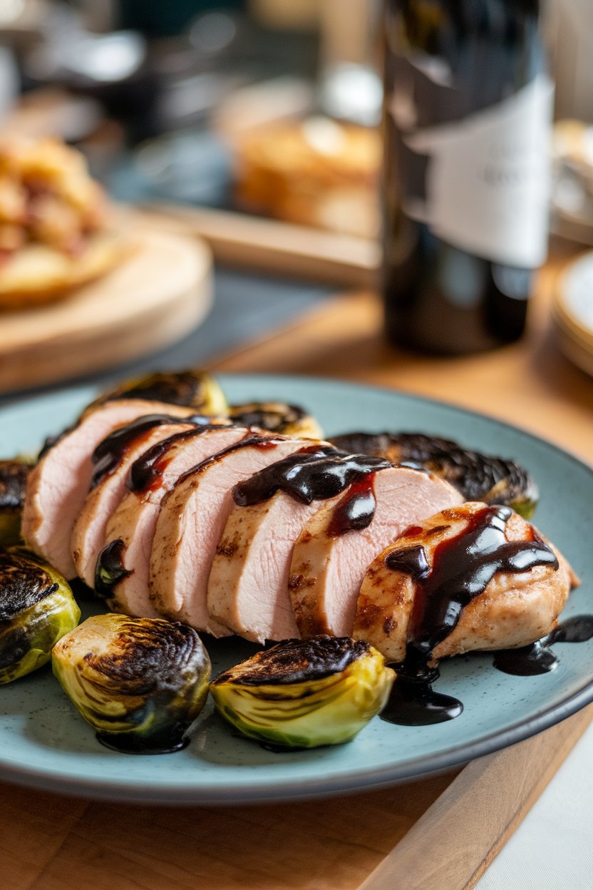 Photo of sliced chicken breast with a dark balsamic glaze alongside charred Brussels sprouts on an indoor plate; no text or logos present.